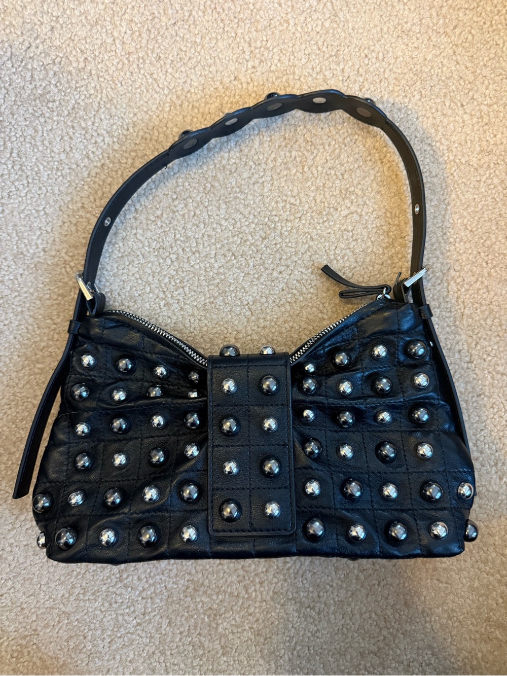 Zara Black Studded Shoulder Bag with Silver Accents
